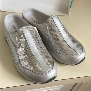 Easy Spirit Silver Mules with Cushioned Comfort